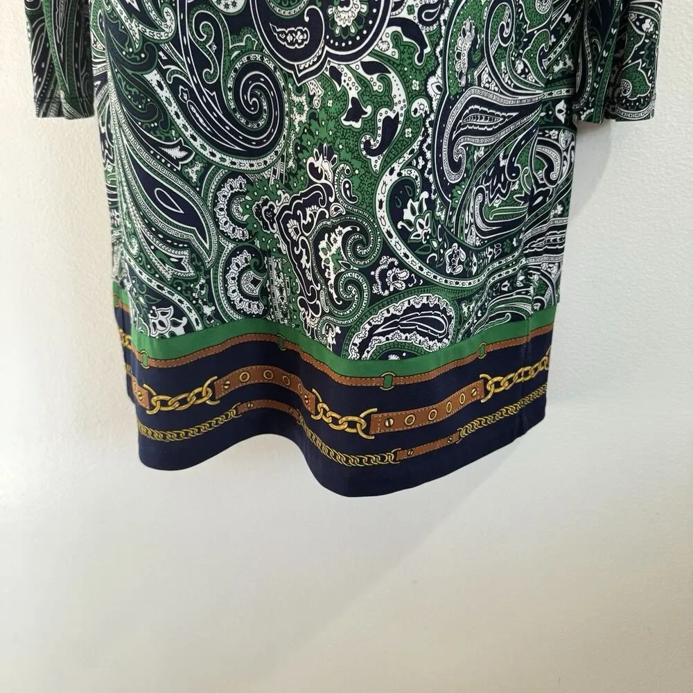 Michael Kors Shirt Dress M Shift Paisley Chain Green Long Sleeve Jersey Stretch